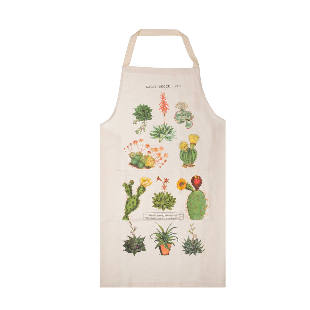 Keep yourself clean and look fashionable at the same time with this 100% natural cotton apron. Features vintage botanical drawings of cacti and succulents. Has an adjustable neck strap, long waist ties and a handy, divided front pocket. It is packaged in a hand-sewn muslin gift bag. Measures 28" x 34" Machine washable