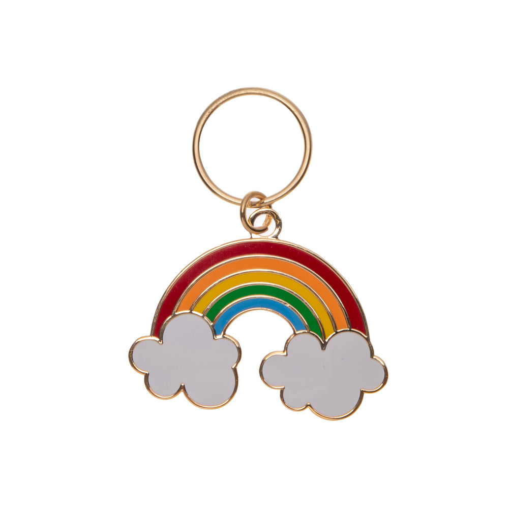 Carry the positive vibes of a colorful rainbow with you with this smile inducing keychain.  Made from sturdy gold-plated brass, and decorated with brightly colored hard enamel, meaning it will remain looking pretty and cheerful after many months of use. Perfect for gifting. Nickel free. Dimensions: 2" x 2.75".