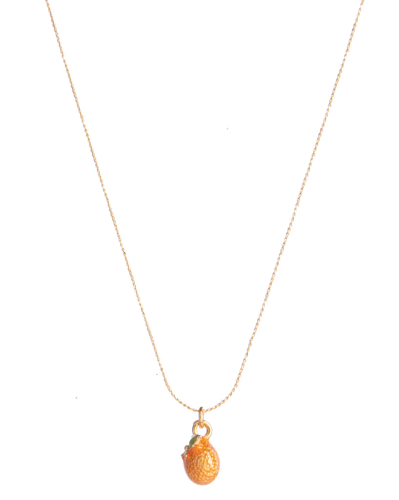 This cute and quirky pendant necklace is the perfect piece of fruity jewelry for adding to your collection or giving as a sweet gift. Featuring a tiny orange shaped pendant, suspended from a fine chain which fastens via lobster clasp and extender links. 18ct gold plated brass, enamel.