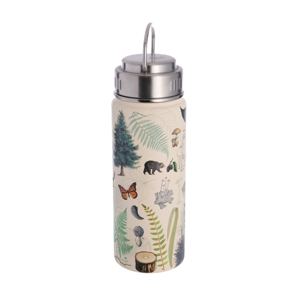 Perfect for early morning hikes and woodland research trips, this forest themed vacuum flask will keep your drink at just the right temperature to enjoy whenever you're ready. 18 oz capacity. Materials: High grade stainless steel, silicone seal on cap Dimensions: 8.75" x 2.75". Hand wash.