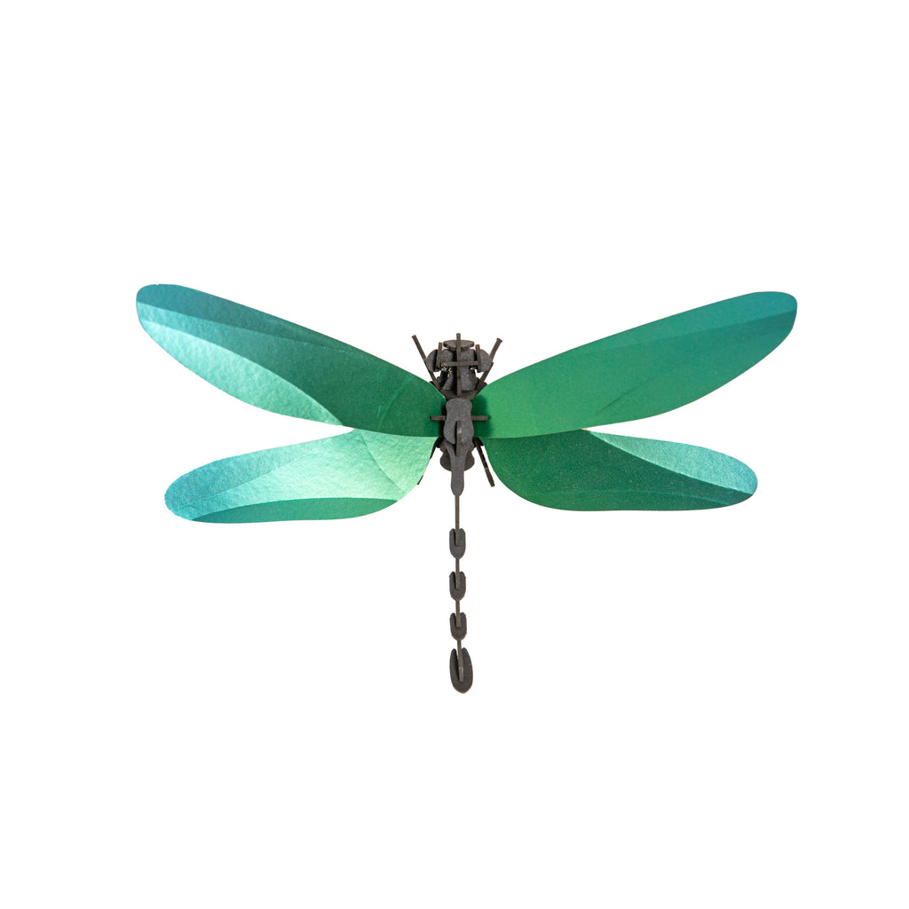 Create an eye-catching decor piece with this 3D green Anisoptera dragonfly. The vibrant colors and satin metallic finish of this dragonfly perfectly mimic the insect’s natural, light-catching luster. Building this dragonfly is a great indoor activity for all ages. Dimensions: 7" x 4".