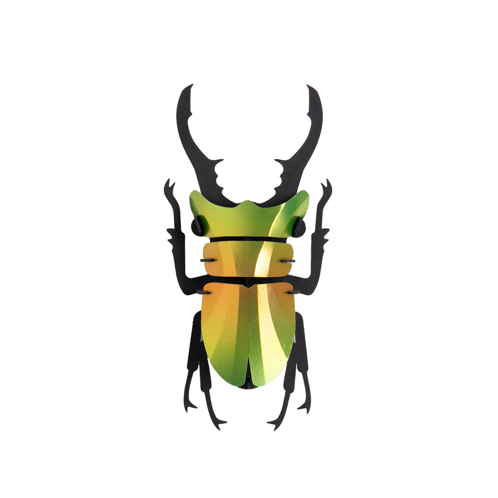 Create an eye-catching decor piece with this 3D green stag beetle. The vibrant colors and satin metallic finish of this stag beetle perfectly mimic the insect’s natural, light-catching luster. Building this stag beetle is a great indoor activity for all ages. Dimensions: 5.5" x 2.5".