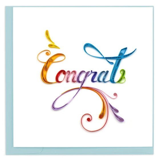 Celebrate your loved one’s achievements with this quilled congratulations card. The design features “Congrats” written in script and quilled in orange, red, pink, purple, blue, and green with swirls of purple, orange, pink, and red. Each quilled card is handmade and takes one hour to create. Inside blank. Size: 6" x 6"