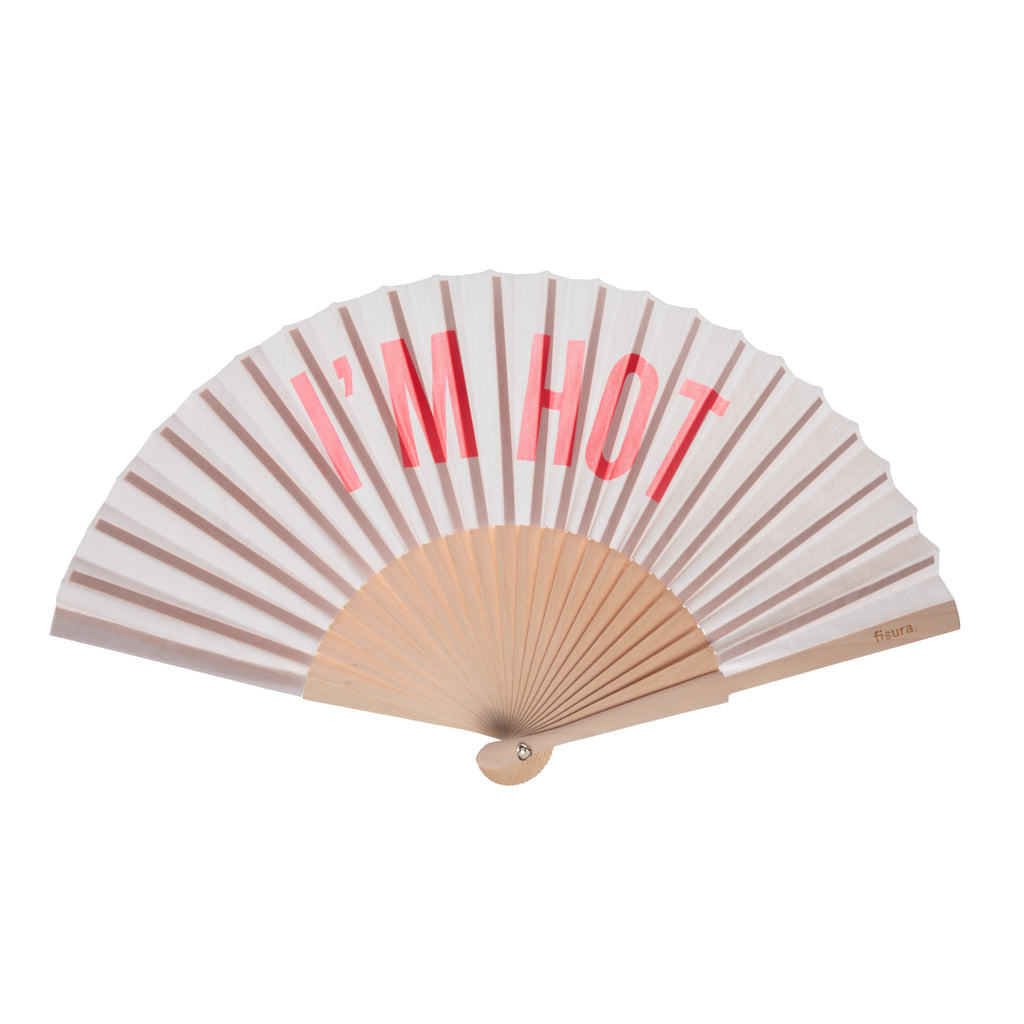 Look cool and stay cool with this colorful, fun, folding fan, with a powder-pink base and fun, bright pink 'I'm hot' text. Made from textile and wood obtained from sustainably managed forests. Textile and wood folding fan. Size when open: 16" x 8". Size when folded: 9" x 1.5".