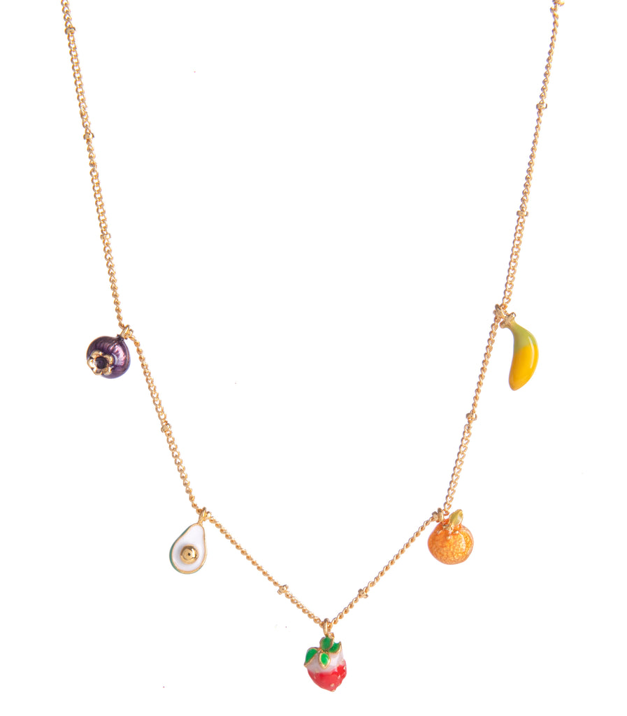 This delicate and whimsical necklace features five fruit charms linked along a gold-plated chain. The fruit charms include a banana, a blueberry, a strawberry, an avocado half, and an orange, all in vibrant enamel with gold detailing. Materials: 14ct gold plated brass, enamel. Necklace length - 16" with a 1" extender.