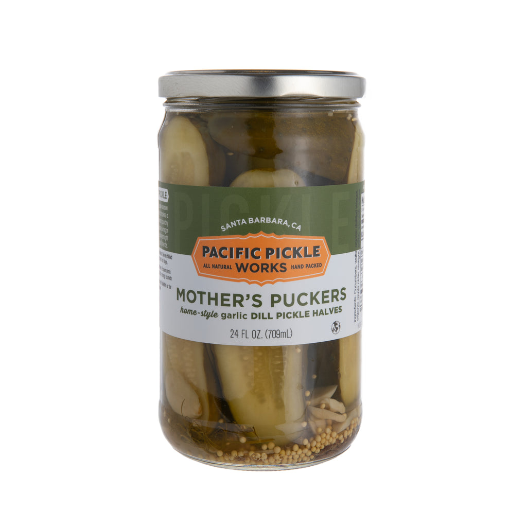 With no added sugar and no extra heat, these half-sliced pickles are made with ample dill and garlic in an apple cider vinegar blended brine. Crunchy and delicious! Ingredients: Cucumber, water, organic distilled vinegar, organic apple cider vinegar, garlic, sea salt, spices 24 fl oz.