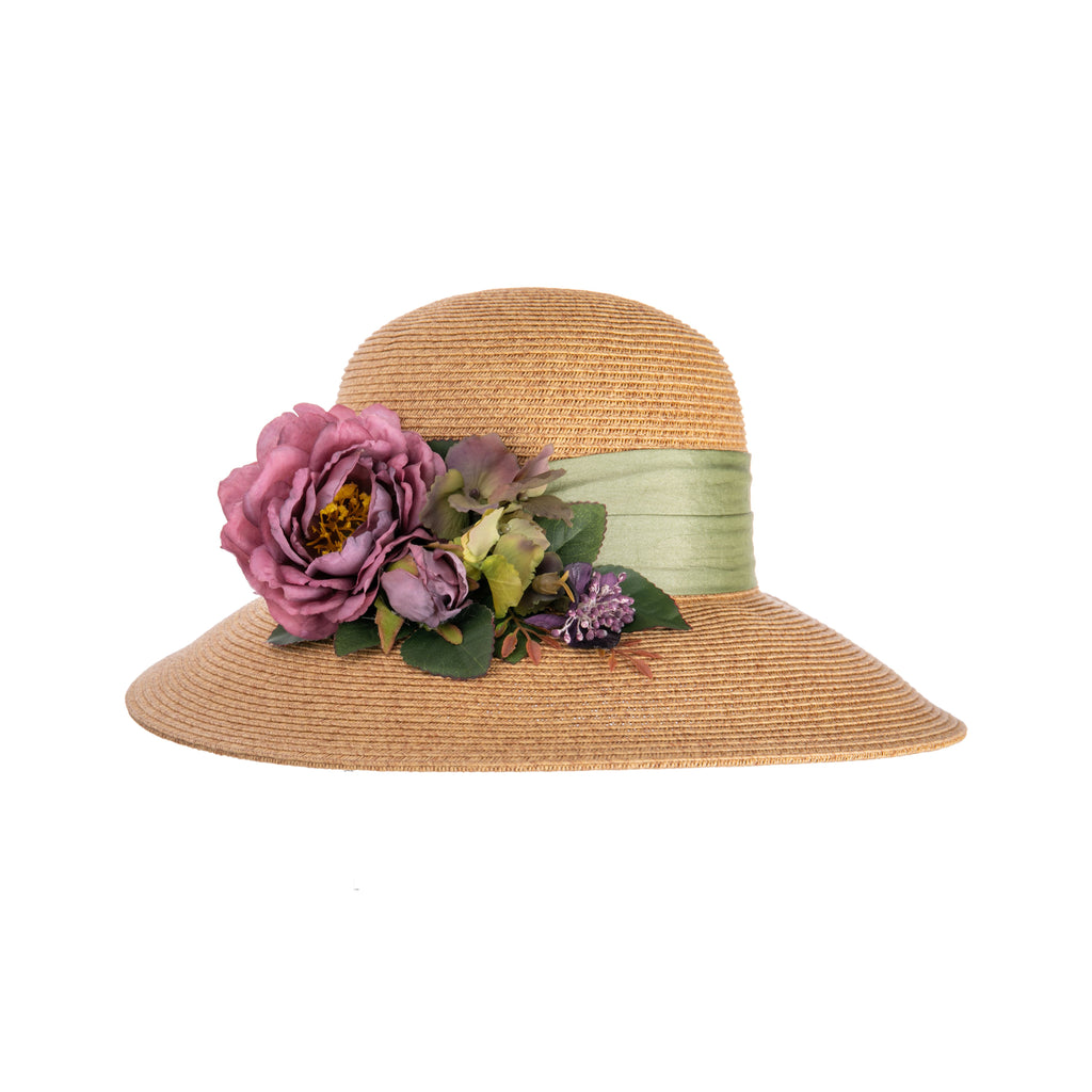Keep the sun’s harmful rays at bay with this packable rose-trim sun hat. Crafted from breathable, cooling braided natural straw and adorned with a stunning plum-colored rose bouquet and a soft green silky band, this hat is perfect for beach outings, summer occasions, and so much more. Inside circumference approx. 22."