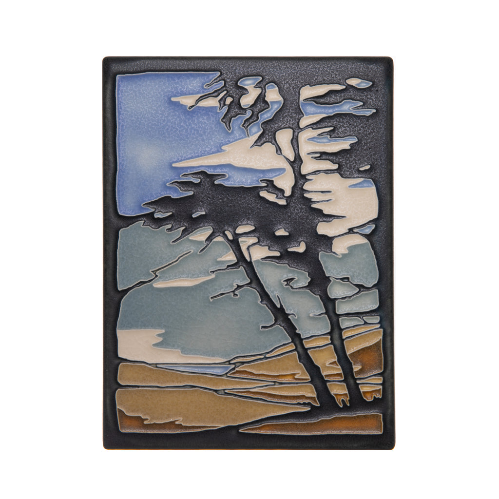 Artist Yoshiko Yamamoto is a self-taught block printmaker who fuses Japanese design sensibility with fine craftsmanship. Inspired by "Montana de Oro" state park in San Luis Obispo, California. 5 7/8” x 7 7/8”. Motawi tiles are handcrafted. Notch at the back for hanging. Tile stand sold separately.