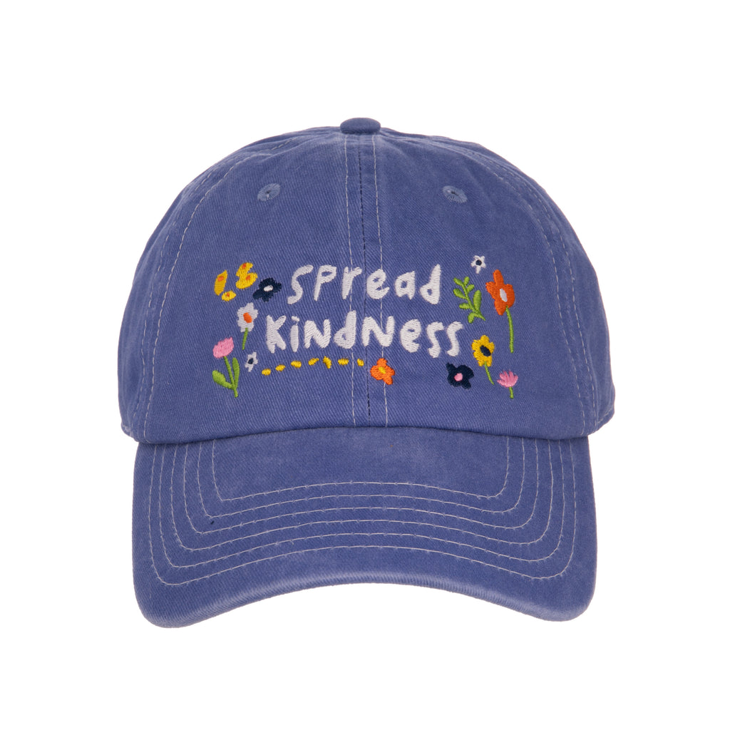 This soft blue baseball cap is perfect for, gardeners, yoga class devotees, golfers, dog walkers, runners and more! Featuring floral embroidery and inspirational 'spread kindness' embroidery on the front and a row of colorful embroidered flowers at the back. Adjustable metal buckle. Materials: Cotton, Metal. One size.