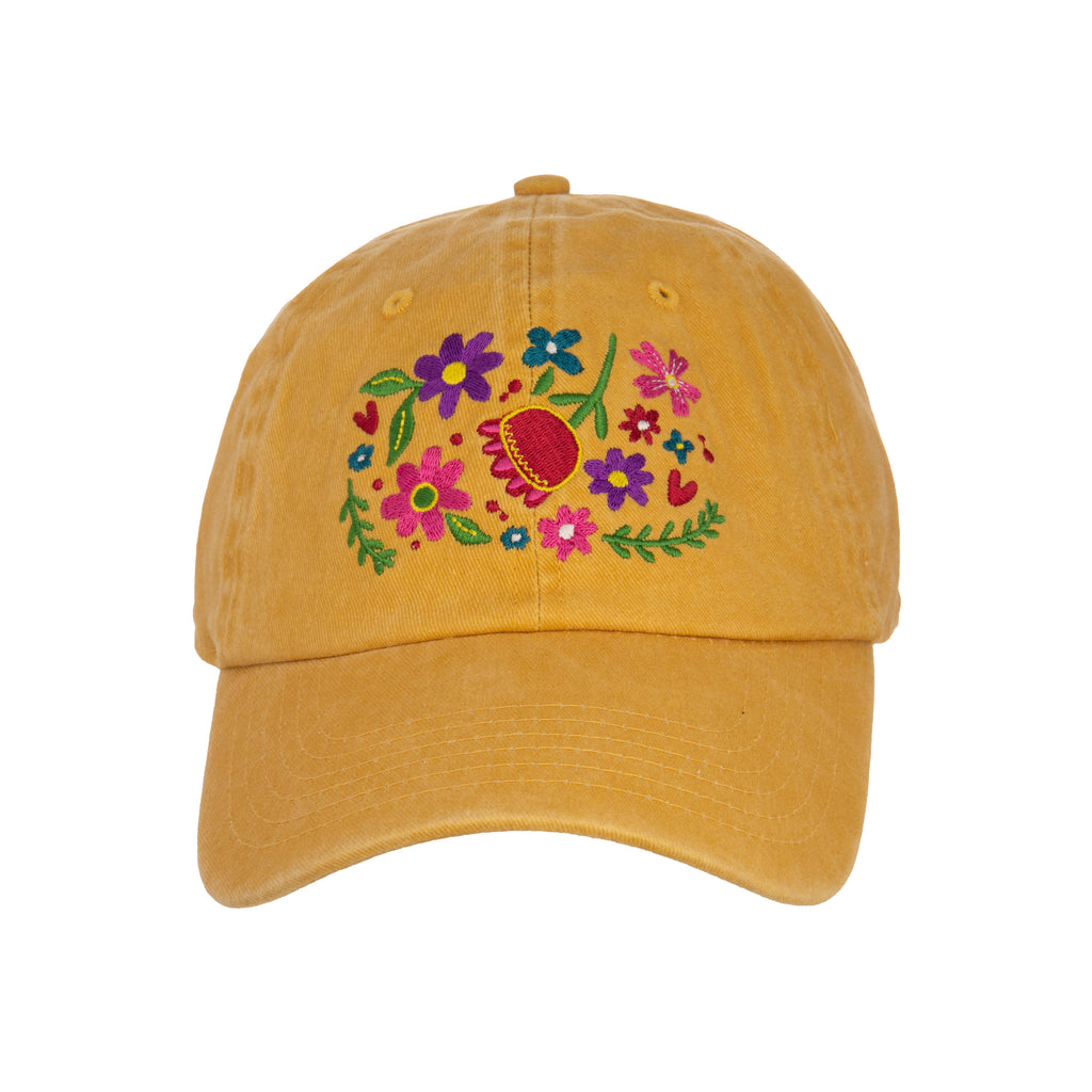 This yellow baseball cap is perfect for, gardeners, yoga class devotees, golfers, dog walkers and more!  Featuring colorful floral embroidery on the front and inspirational 'make a difference' embroidery at the back. An adjustable metal buckle at the back ensures the perfect fit. Materials: Cotton, Metal. One size.