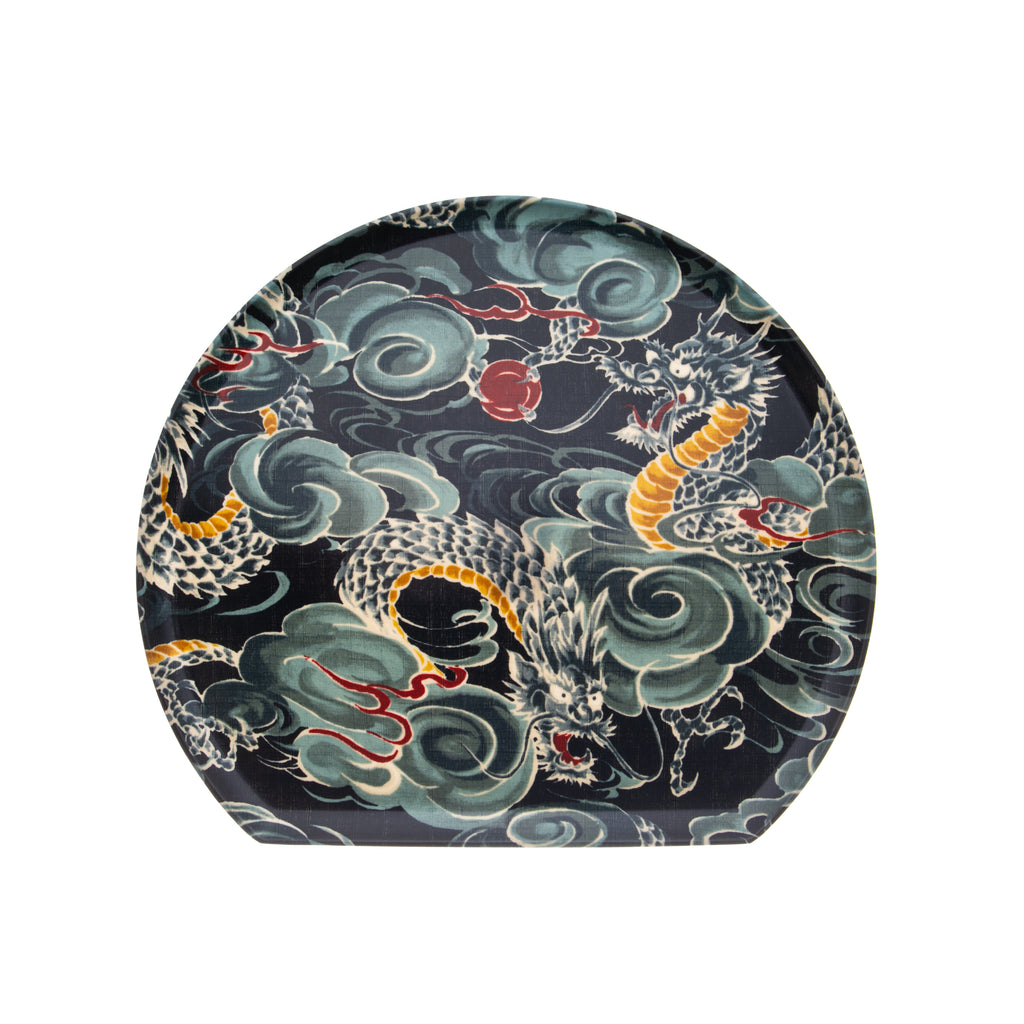 This tray has a half-moon shape which is popularly used for celebratory occasions such as New Year's Day in Japan, as a half-moon symbolizes promise, as the moon will become more full from that point on. The shape works great for serving tea, cocktails, and for carrying small, tapas style dishes to the table. 12" x 14"