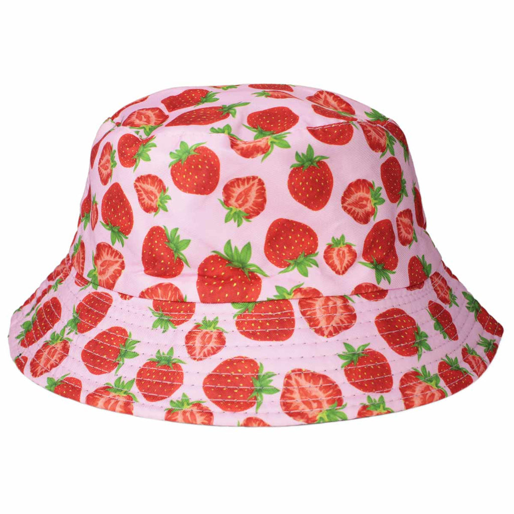 Get into some fruity fun with this sweet bucket hat! With a pink background and a pattern of bright red strawberries, this hat is sure to be in season all year long. Dimensions: Approx. 22-24 inches Material: 70% Polyester, 30% Cotton