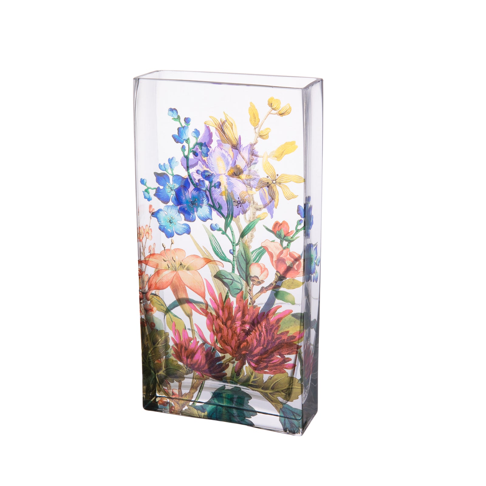 Rectangular glass vase with floral design on a white background