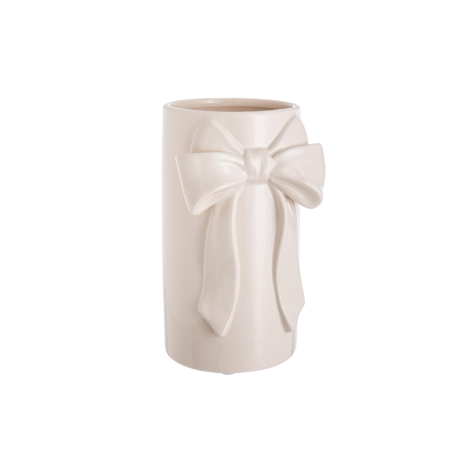 Beige vase with a decorative bow on a white background