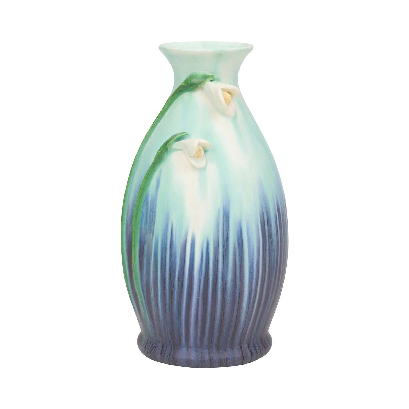 A set of twelve colorful ceramic flower vases arranged in two rows against a plain white background. The vases feature various floral designs and vibrant glazes in shades of green, blue, purple, orange, and yellow.