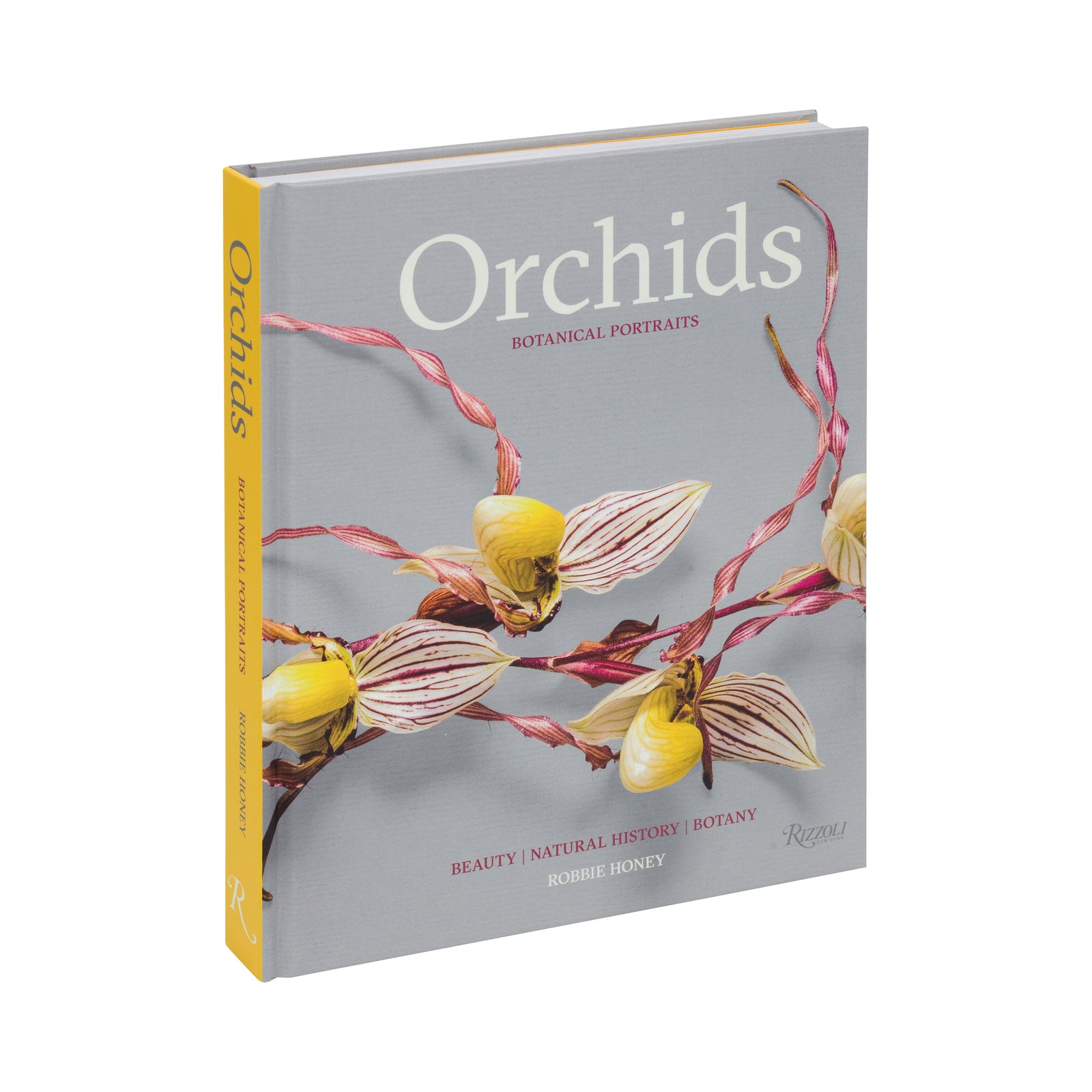 A botanical footprints book titled 'Orchids' by Sophie Mundy, featuring a gray cover with orchid illustrations and several pressed orchid flowers displayed on the right against a white background.