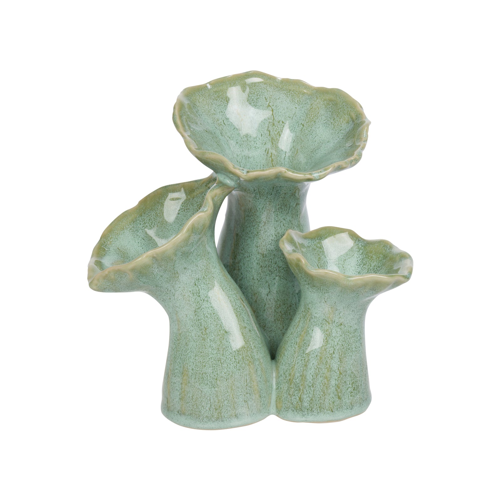 Three-piece ceramic flower pot set with a glossy light green glaze and textured earthy edges, featuring a central stem with two flared leaf-like cups and one side sprout, shown on a white background.