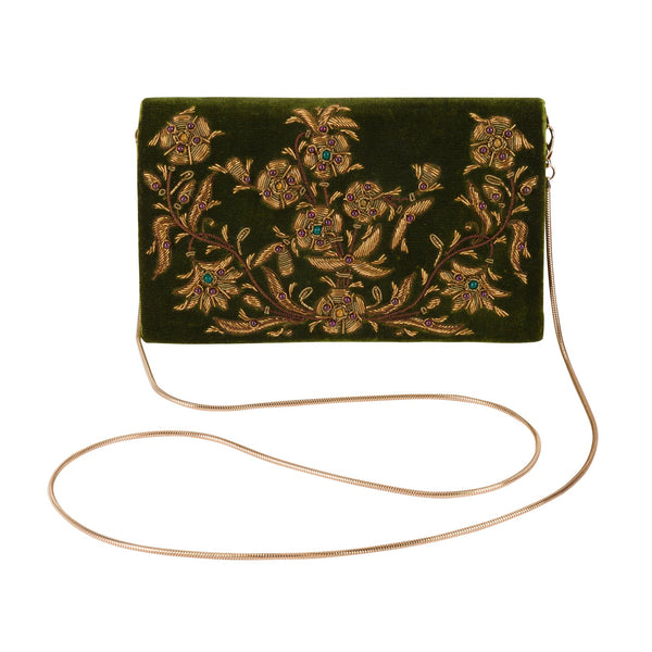 VELVET PURSE WITH GOLD ZARDOZI EMBROIDERY AND GEMSTONES - The