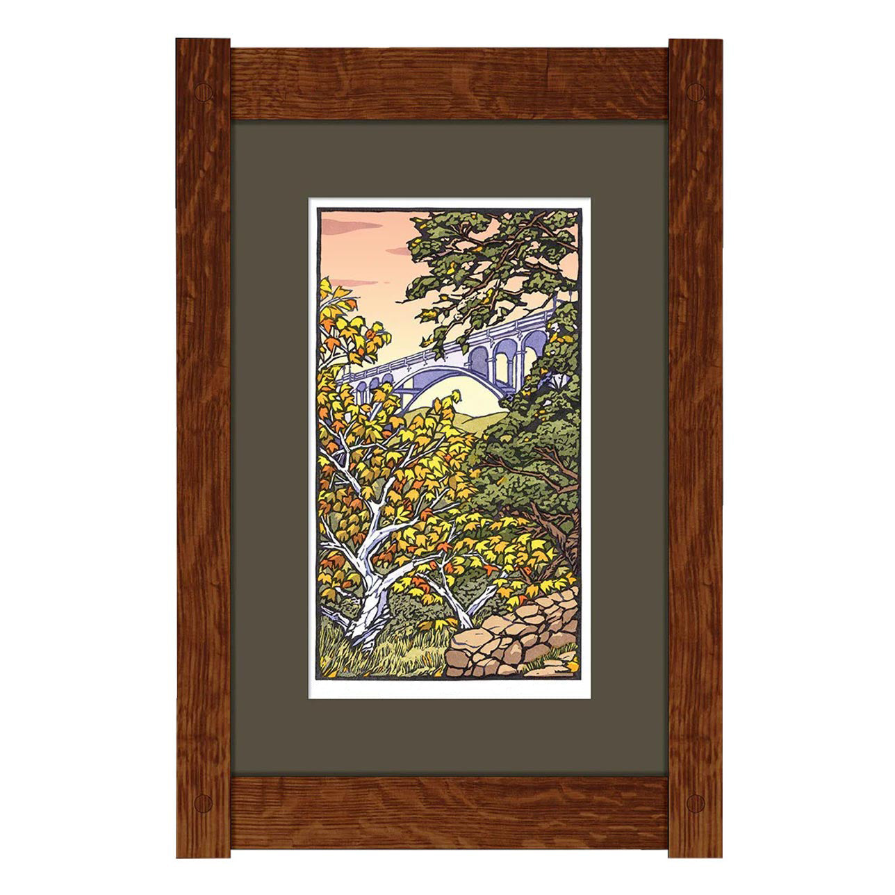 Framed artwork of a bridge surrounded by trees on a gray background