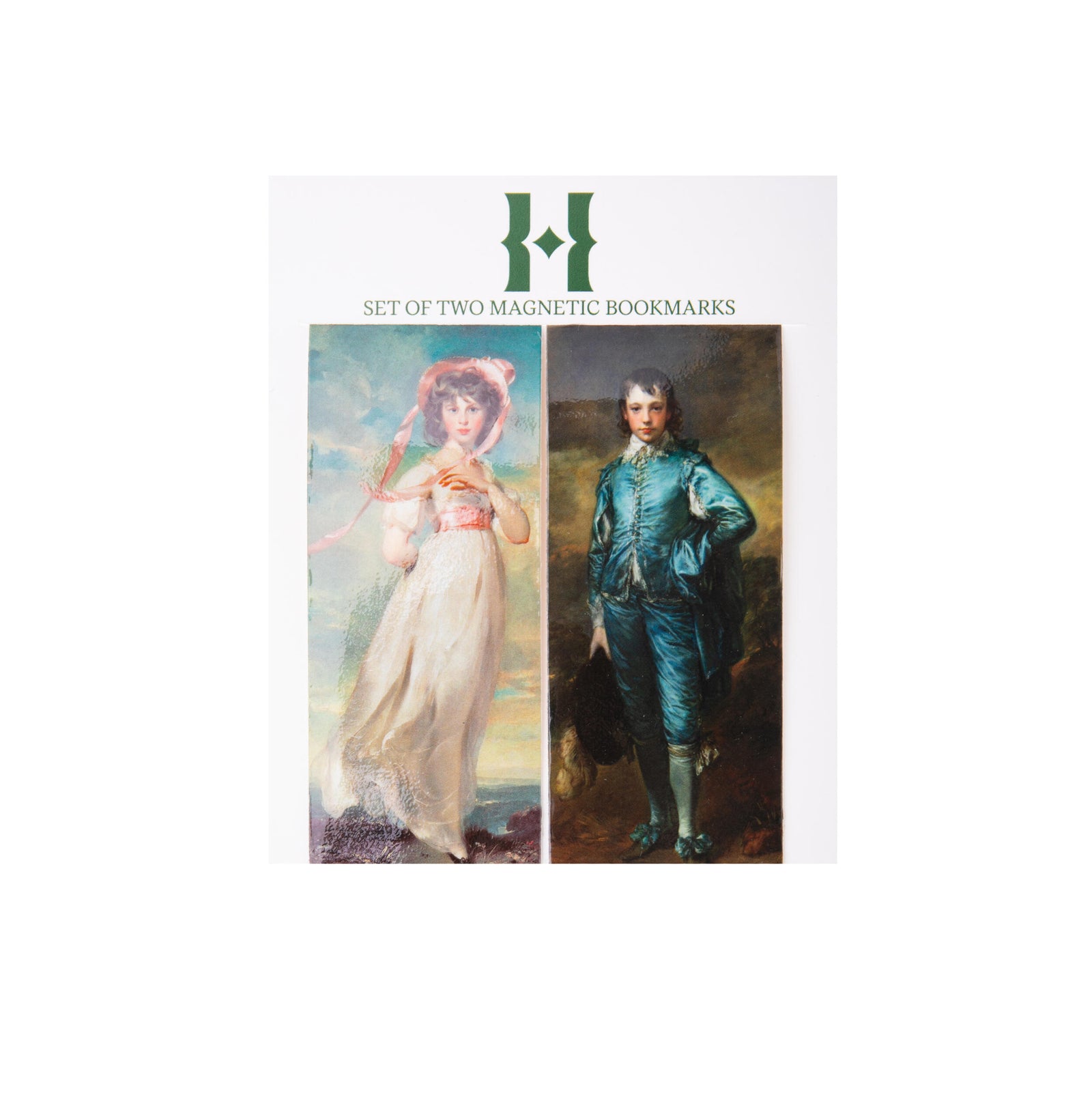 Set of two magnetic bookmarks with classical Blue Boy and Pinkie painting designs on a white background