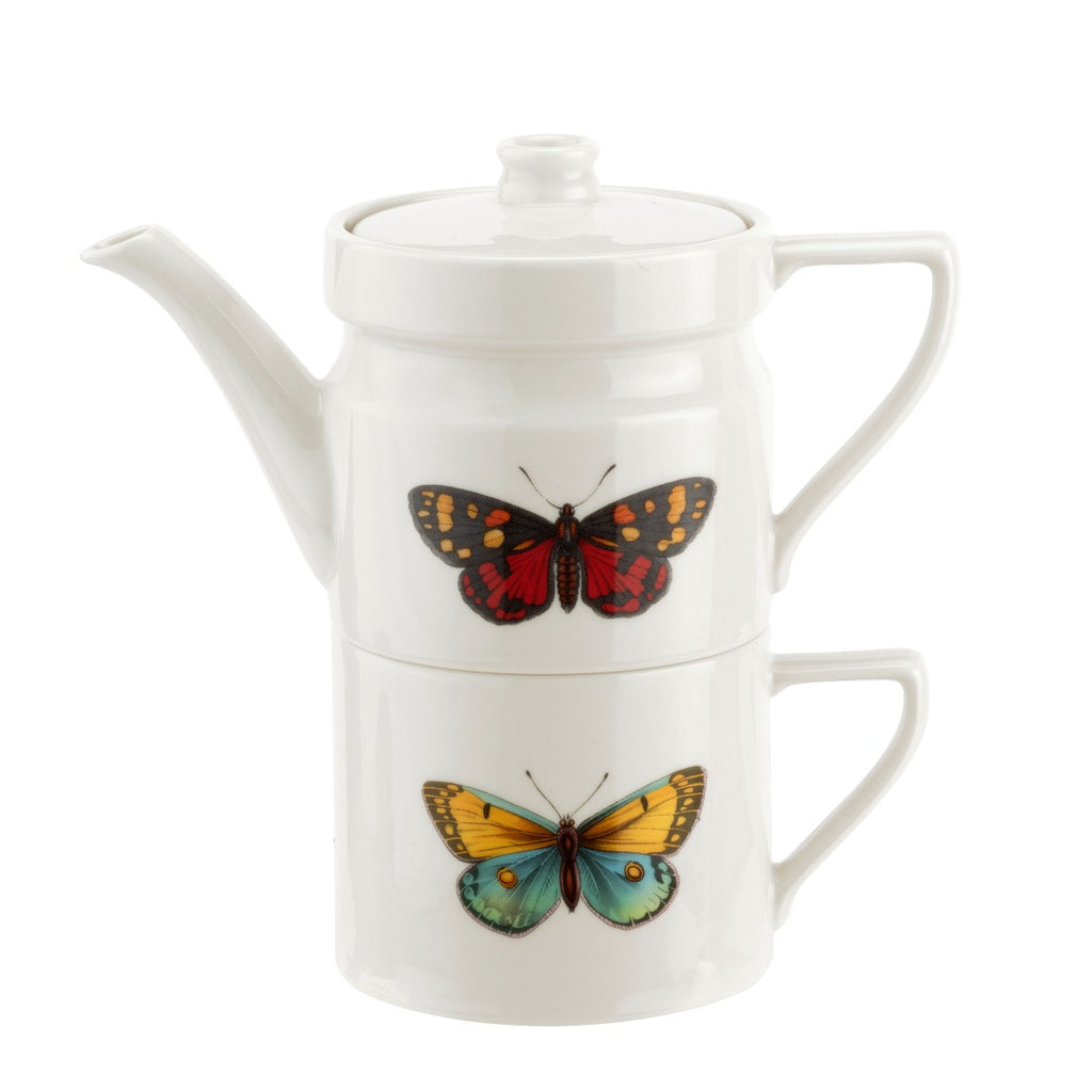 This tea-for-one set comprises of a stackable teapot and mug, both with vintage style botanical drawings depicting beautifully colorful butterflies.  Made from fine white porcelain, this is the perfect set in which to serve your morning coffee or afternoon tea. Materials: Porcelain.  Dimensions (when stacked): 7" x 7".