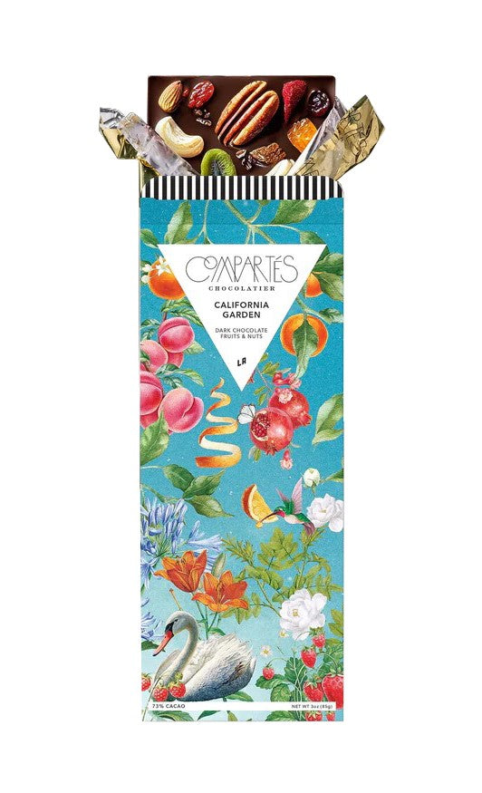 Indulge in all the beautiful flavors and textures of a California summer garden with this vegan dark chocolate bar. Studded with a variety of fruits and nuts from California’s best farmers markets and gardens, every delightful bite will encompass the vibrant and tangy flavors of summer.