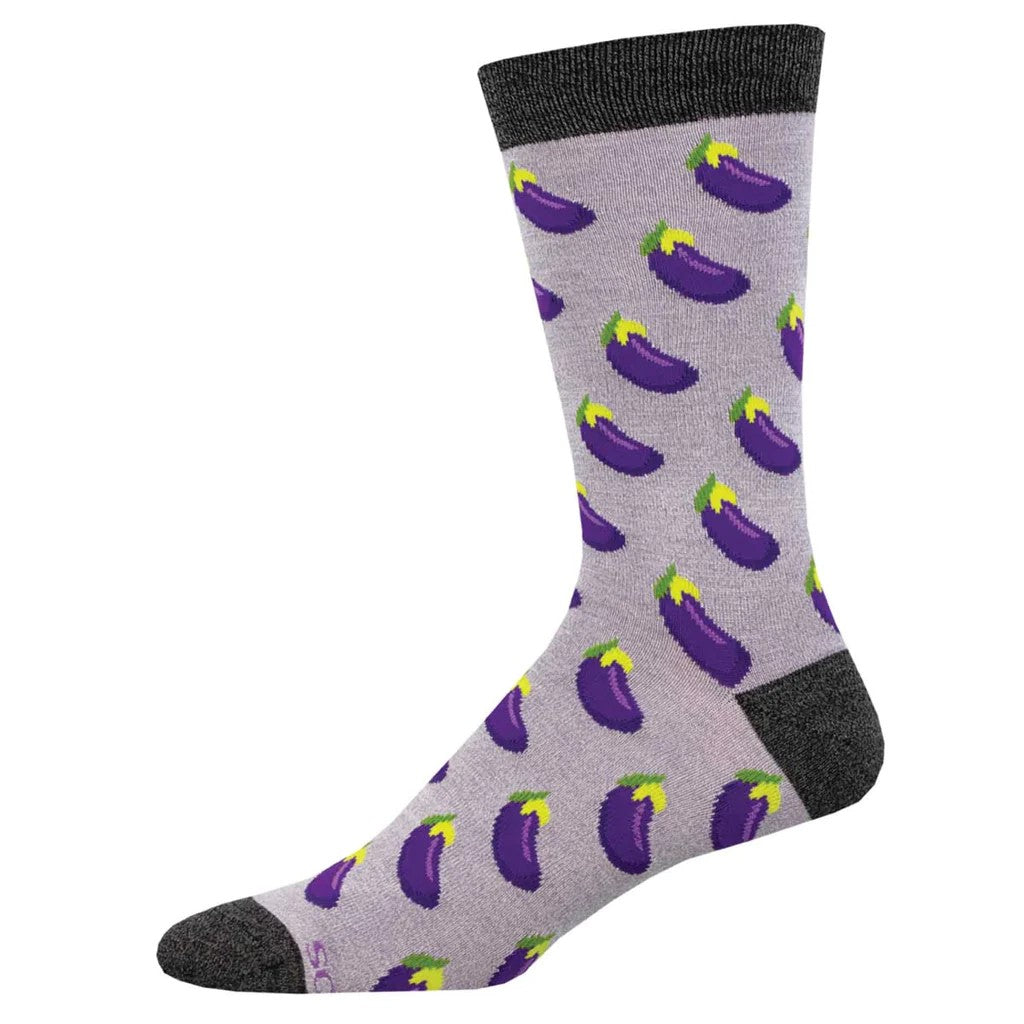 Whether you just happen to adore an eggplant, or are a fan of innuendos, these fun socks will keep your feet both warm and also dry, due to the naturally moisture wicking bamboo fiber they are made from. Materials: 63% Rayon from Bamboo, 35% Nylon, 2% Spandex Size: Women's Shoe Size 10.5+ and Men's Shoe Size 9-13.