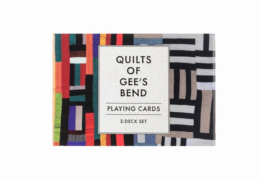 The vibrant colors, playful geometric shapes, and organic improvised patterns that define the Gee’s Bend quilting aesthetic have garnered increasing attention and admiration in recent years. Shuffling through the colorful playing cards of this deluxe boxed set, it’s easy to see why. Two 54-card decks. 