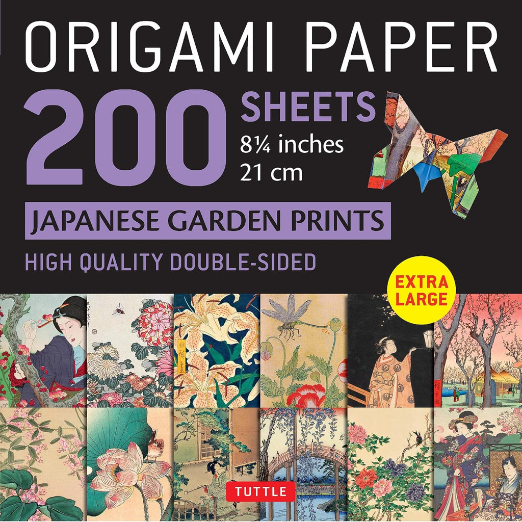 This pack contains 200 high-quality, large (8.25 inch) origami sheets featuring beautifully illustrated Japanese garden woodblock prints. 12 unique prints. Double-sided color 8.25" x 8.25" squares. Includes instructions.