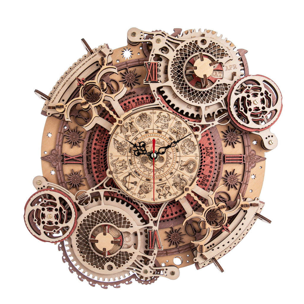 Featuring all 12 astrological signs, this zodiac wall clock is the perfect addition to any home or office. This build-it-yourself wooden clock is the perfect gift for anyone who loves a DIY project. Kit contains everything you need to build the clock. Assembled size: 13.19" x 11.61" x 2.17". Ages 14+.