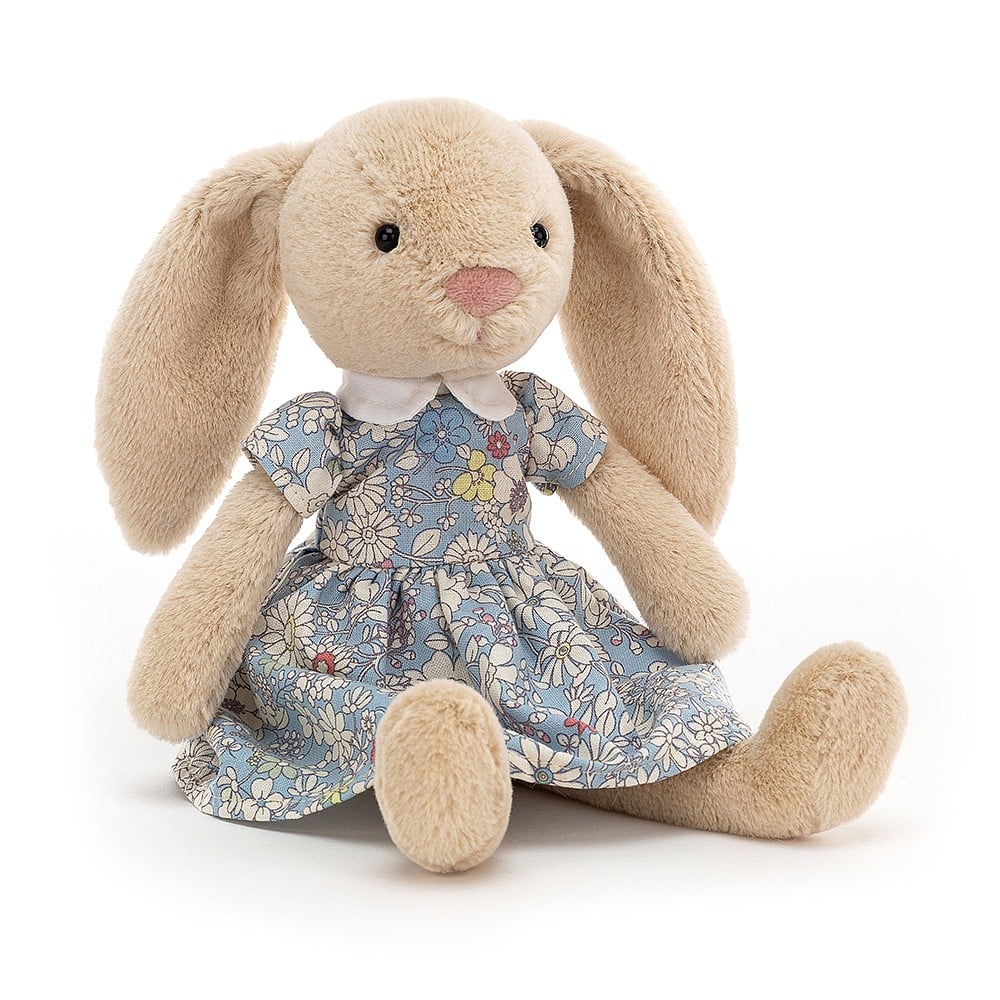 Lottie Bunny Floral is ready for a picnic in a pastel blue dress with pretty flowers! This oatmeal bunny has long flopsy ears, squish-squash paws and a sweet expression. A lovely present for spring or summer, full of joy and bounce! Suitable from birth.