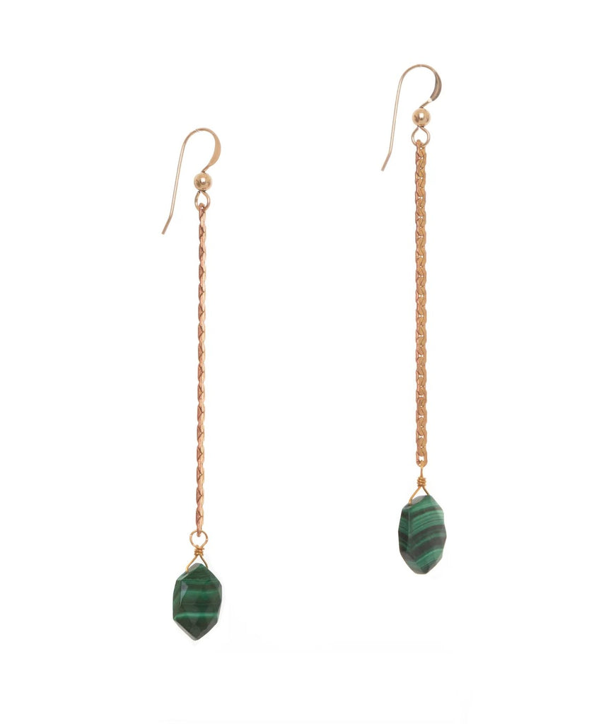 These effortlessly chic earrings feature hand-cut malachite gemstones suspended from vintage brass chains. Each natural gemstone is unique making no two pairs exactly the same. Materials: Recycled vintage brass, artisan-cut natural malachite gemstones. 14k gold-fill earwires Dimensions: 3" x 0.25" approx.