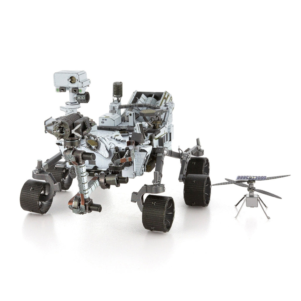 This metal 3D model is perfect for space and puzzle lovers alike. Also contains the model of the Ingenuity helicopter that was launched with the Perseverance rover. Instructions included. 4.5 Metal Sheets Dimensions once assembled: Rover: 5" x 3.5" x 3", Helicopter: 1" x 1" x 1" Recommended age: 14+