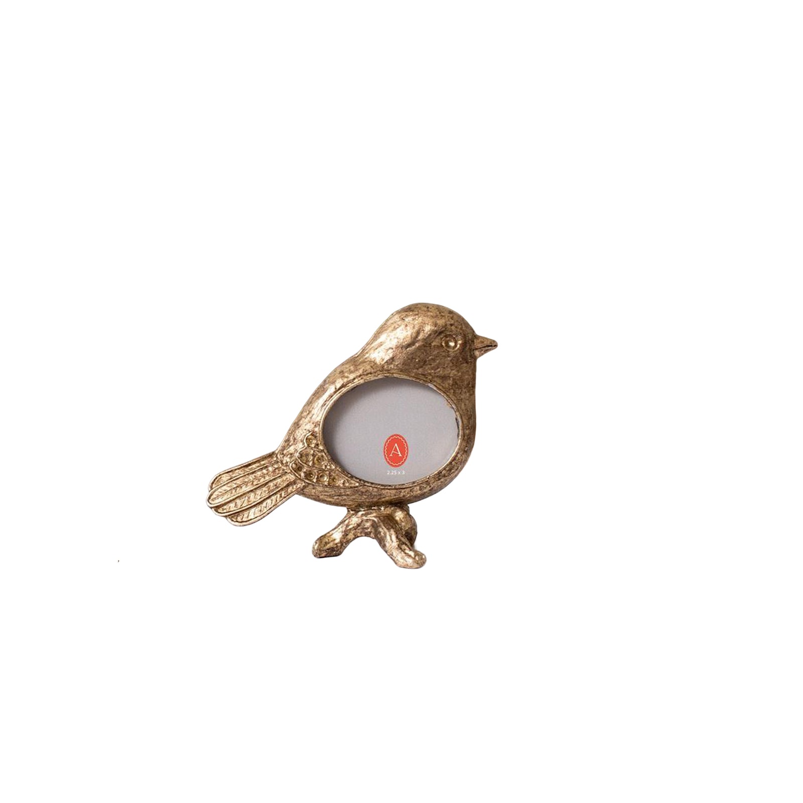 A miniature gold colored photo frame, shaped like a bird, on a white background.