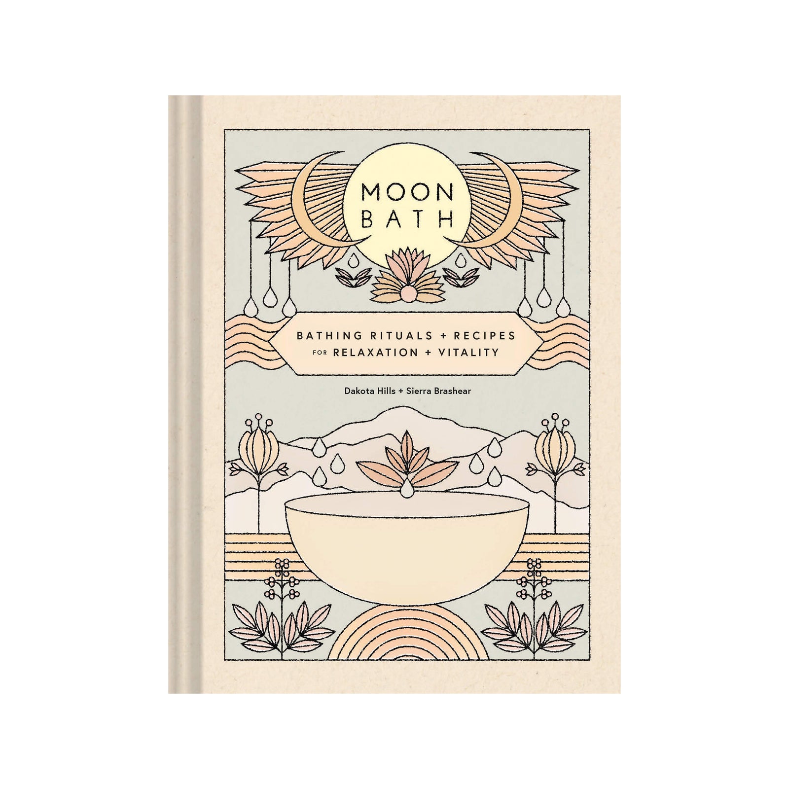 Book titled 'Moon Bath' with illustrations of a bowl and moon symbols on a beige background