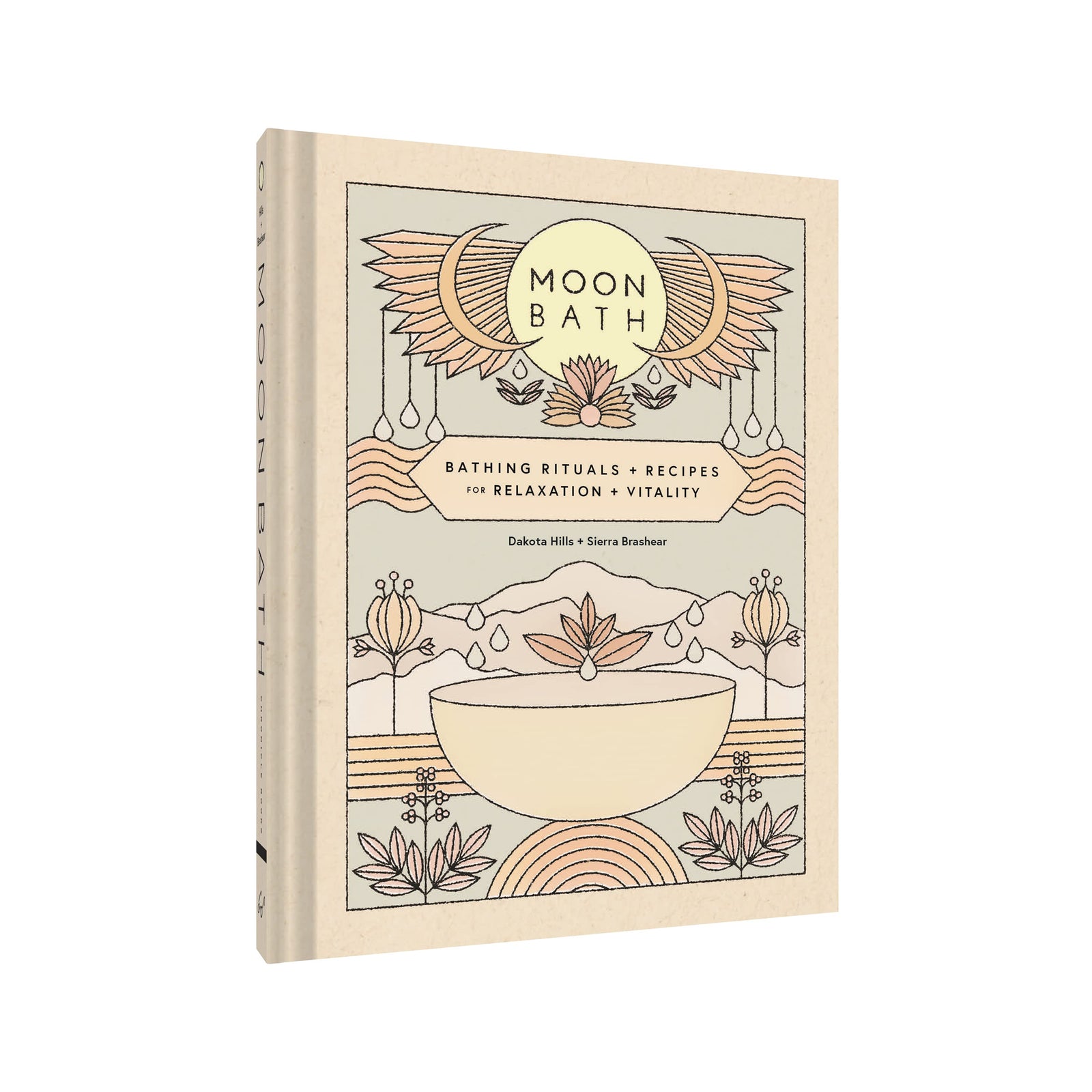 Book titled 'Moon Bath' with illustrations of a bowl and moon symbols on a beige background