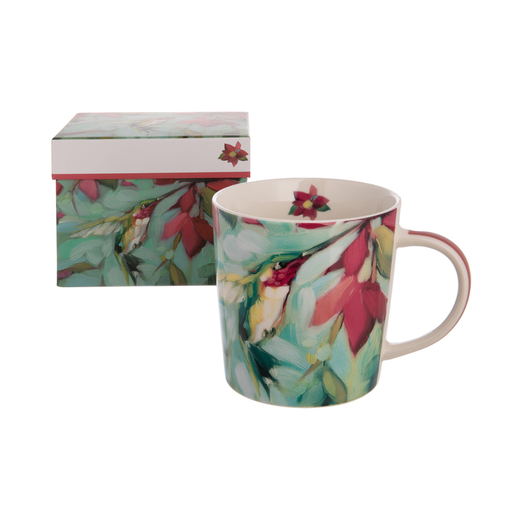 This bone China mug is lavishly decorated with a painterly hummingbird sipping on bright fuchsia blooms. Packaged in a matching keepsake-quality box, perfect for gifting. Bone China mug. 13.5 oz capacity. Dishwasher & microwave safe.