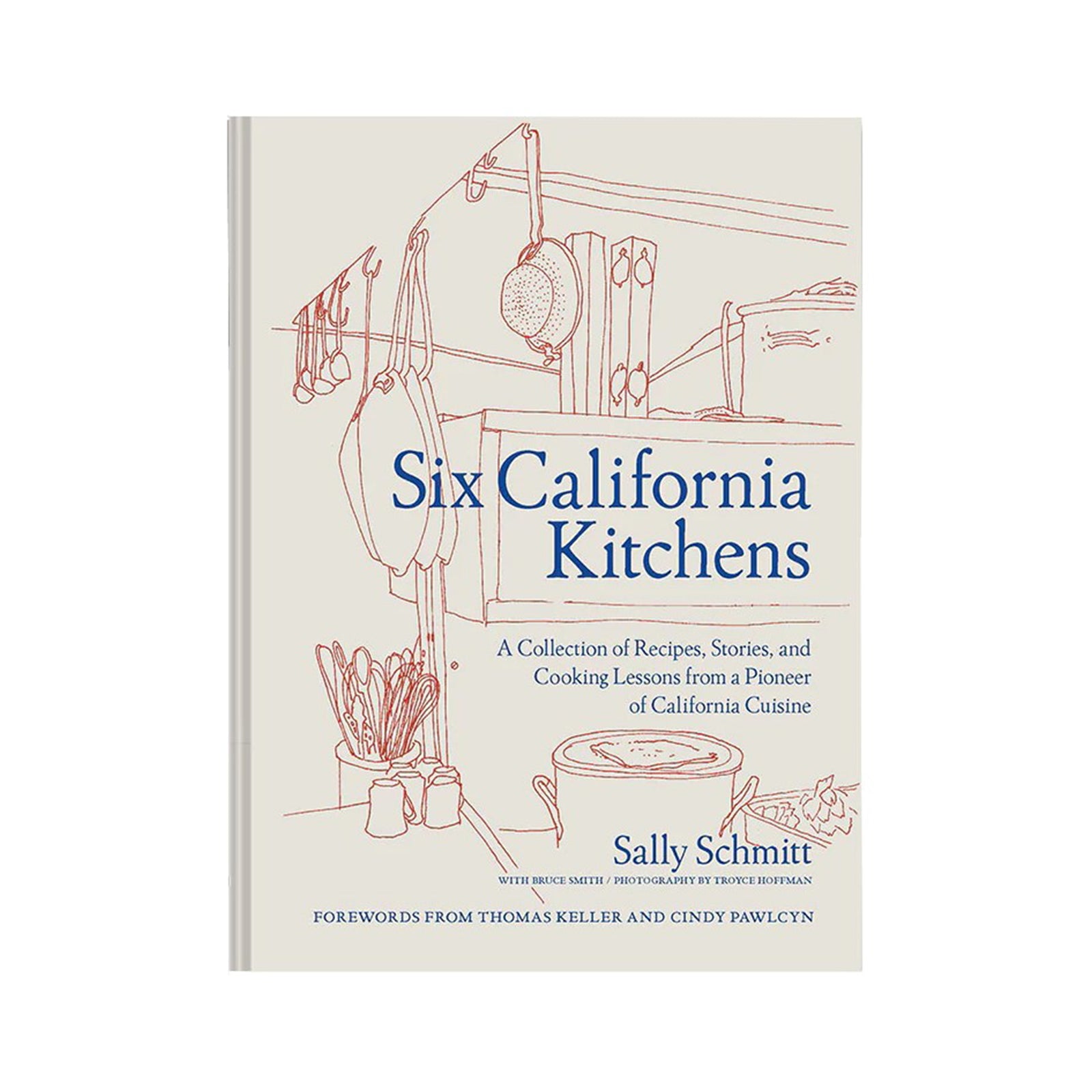 Book cover of 'Six California Kitchens' with line drawings of kitchen utensils on a beige background.