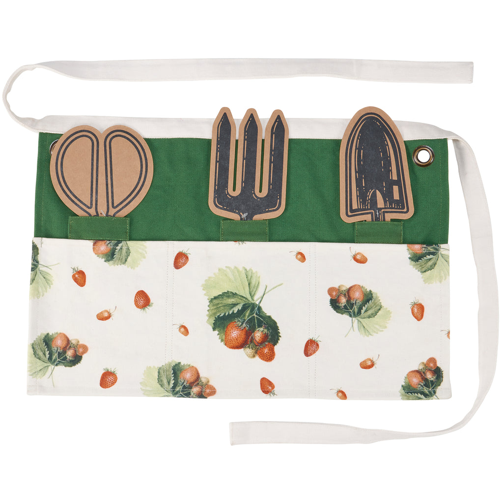 Add a touch of sweetness to your gardening with this vintage style strawberry print gardening apron. This heavy canvas half apron style has three handy pockets to hold your essential gardening tools and metal grommets on each side to hang more accessories. Materials: Cotton canvas Dimensions: 20" x 12.50".