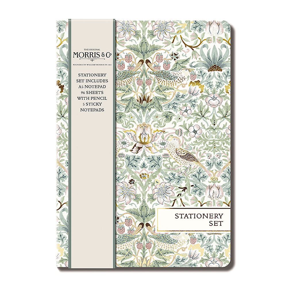 This beautifully patterned stationery set will be your go-to for all your note writing needs. Contains five separate sticky-note pads in a variety of sizes, a lined notepad with tear off sheets, and a pencil - all featuring beautiful William Morris designed prints. Dimensions of outer cover: 6" x 8" x 3/4".