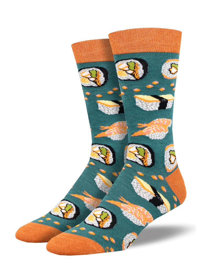 Make it sushi time, every day with these whimsical socks. Made from a supersoft blend of sustainable bamboo rayon fiber. Made using rayon from bamboo for a super-soft sock Blended with nylon for durability and spandex for flexibility. Moisture wicking. Size: L/XL 10-13. Women's Shoe Size 10.5+ and Men's Shoe Size 9-13.