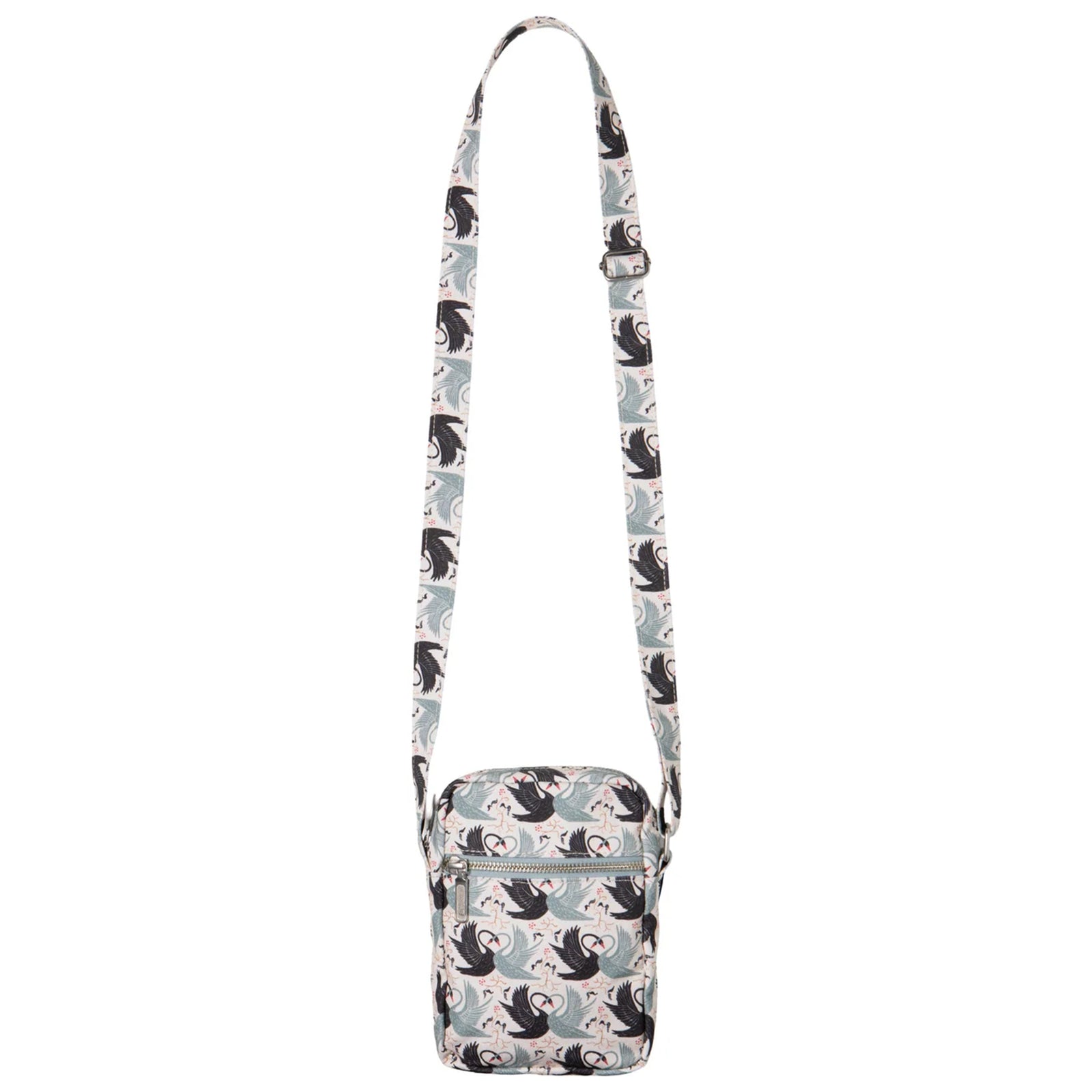 A canvas crossbody bag with a print of intertwined black and white swans on a white background.