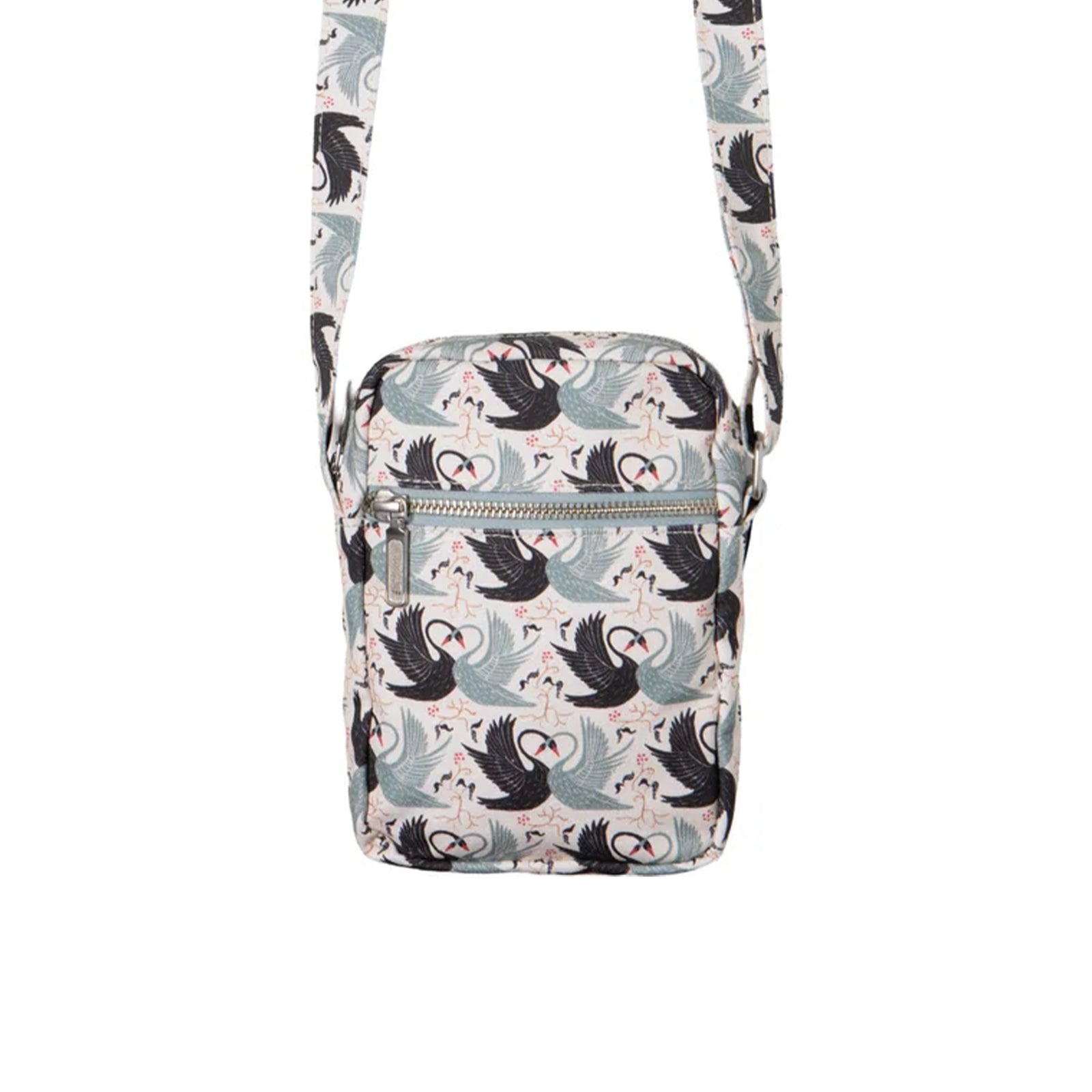 A canvas crossbody bag with a print of intertwined black and white swans on a white background.