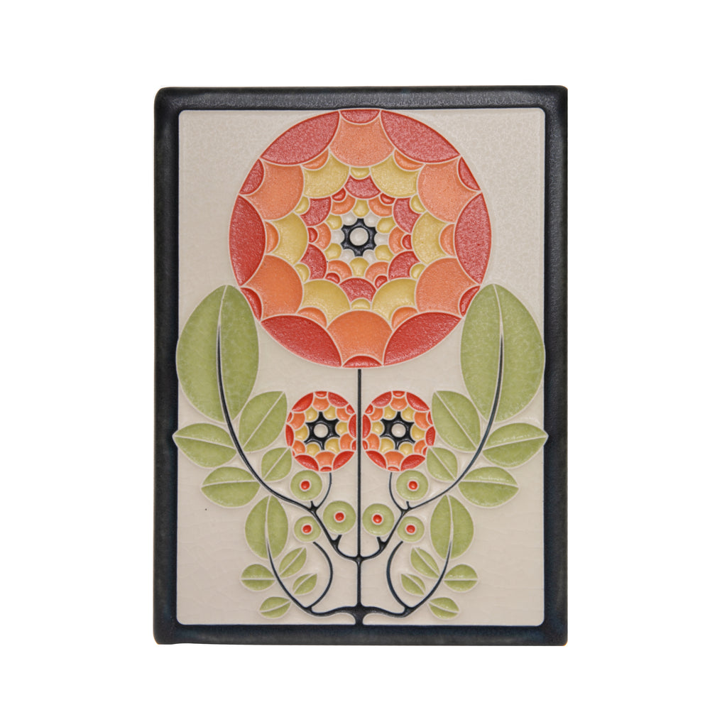 Dahlia, a mesmerizing floral is Motawi Tileworks' take on take on a Gustav Marisch postcard published by the Wiener Werkstätte circa 1912.s. Motawi tiles are striking art pieces. Tile Size: Approximately 5 7/8” x 7 7/8”. Notch at the back for hanging.