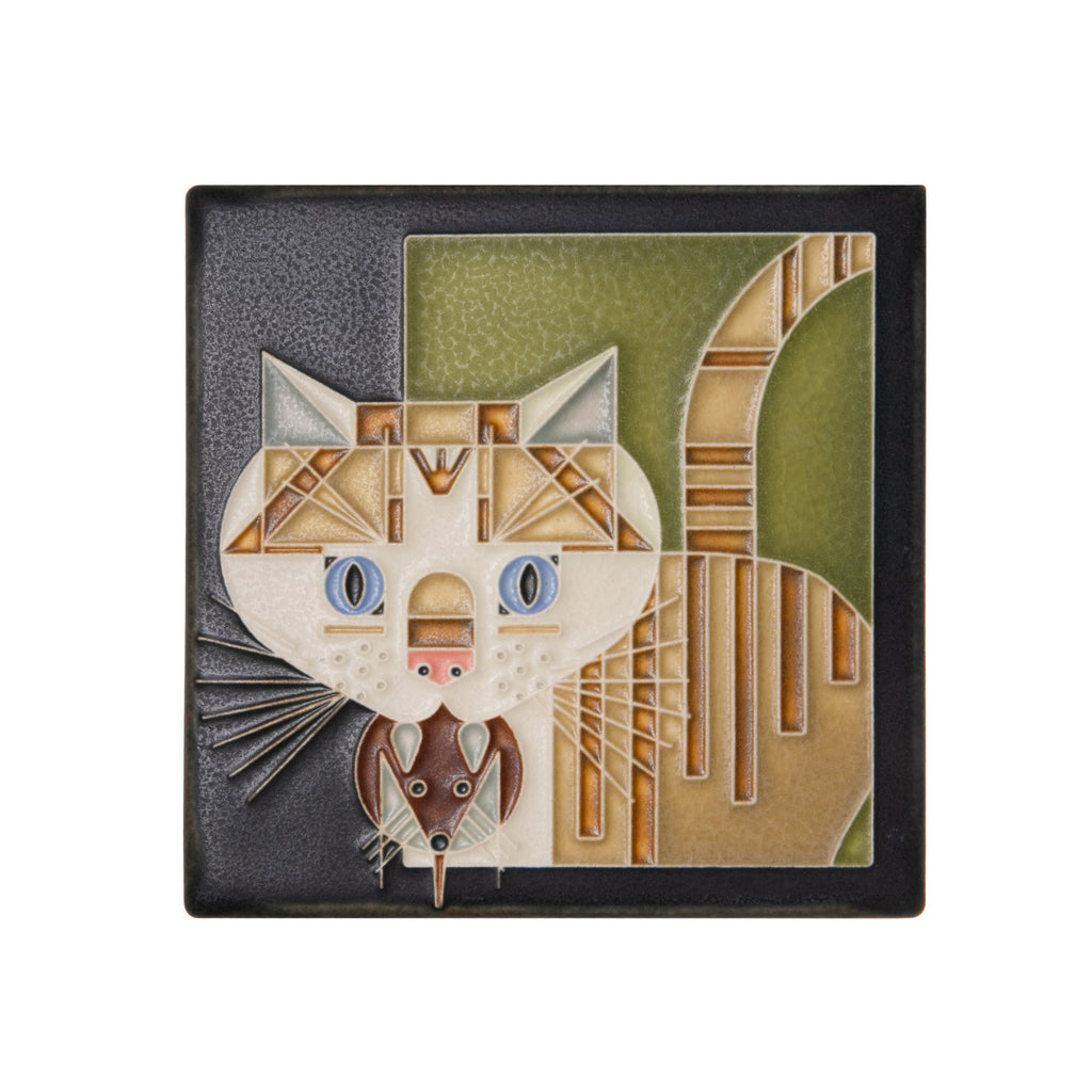 Barn Kitty is based on a piece by the whimsical midcentury artist, Charley Harper. Mid-century modern meets Motawi mastery in these tiles based on the work of celebrated wildlife artist Charley Harper (1922-2007). Tile Size: Approximately 5 7/8” x 5 7/8”. Notch at the back for hanging.