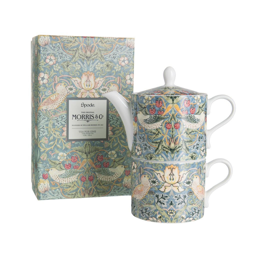 Featuring Morris & Co.’s Strawberry Thief design, this Tea for One set will be the perfect addition to your kitchen. Strawberry Thief is an iconic design that was inspired when William Morris caught some thrushes stealing fruit from the kitchen of his Cotswolds house. Porcelain. 10oz. Size when stacked: 5.5" x 6".