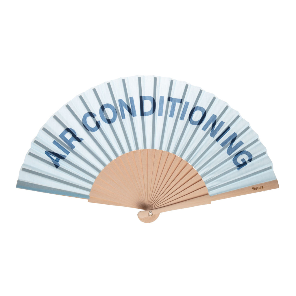 Look cool and stay cool with this colorful, fun, folding fan, with a light blue base, and dark blue, whimsical 'air conditioning' text. Made from textile and wood obtained from sustainably managed forests. Size when open: 16" x 8". Size when folded: 9" x 1.5".
