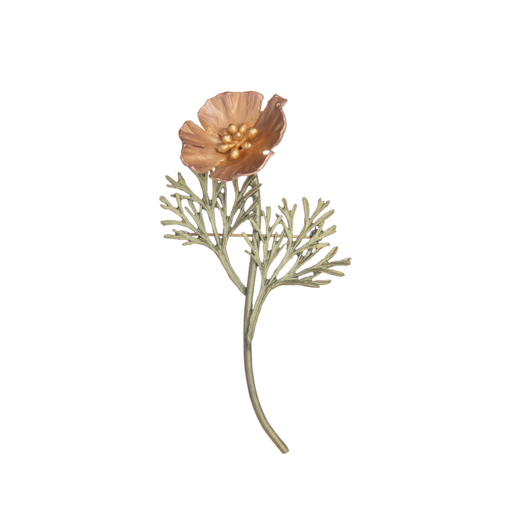 The California poppy is a beloved plant that’s native to the United States. It is the official state flower of California. This elegant and sophisticated single-stem poppy pin will add a spring pop to any outfit. Materials: hand-finished cast bronze with 24K gold-plated petals and pearl center. Dimensions: 4" x 2".
