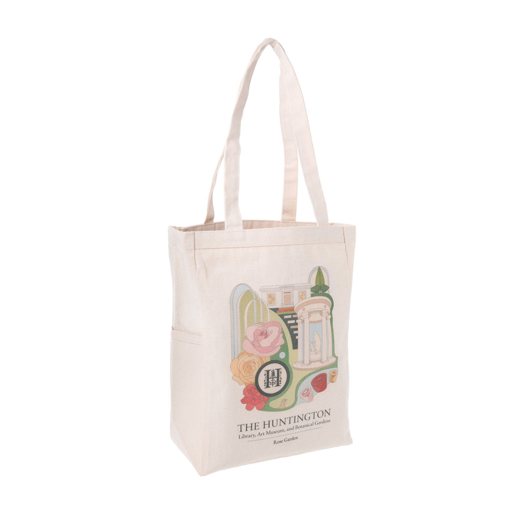 Part of a collection of products designed by Design Lab students at OTIS College of Art & Design, Los Angeles. This tote is made from heavyweight natural cotton with a reinforced top edge, sturdy handles and side pocket.  It features a design of The Huntington's beloved Rose Garden. Dimensions: 14" x 10" x 5".
