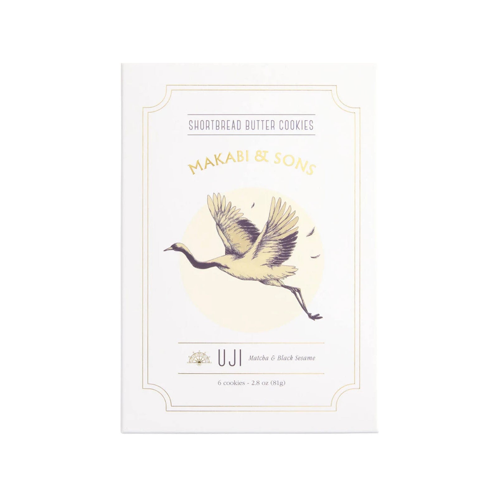 A package of Makabi & Sons UJI Shortbread Butter Cookies, featuring a cream-colored box with a vintage illustration of a flying crane and gold and gray text.
